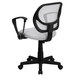 A white office chair with black base and arms.