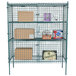 A brown metal Regency security cage with blue grids holding boxes.