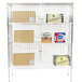 A Regency chrome wire security cage with metal shelves holding boxes and bottles behind a grid.