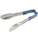 Two Vollrath stainless steel tongs with blue Kool Touch handles.