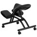 A Flash Furniture black ergonomic mobile kneeling office chair with black steel frame and saddle seat with wheels.