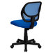 A blue and black Flash Furniture office chair with wheels.