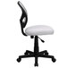 A white office chair with black wheels and arms.