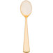 A close up of a Fineline gold plastic spoon with a white handle.
