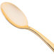 A close-up of a Fineline plastic spoon with a gold handle.
