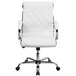 A white office chair with chrome arms and a white leather seat.