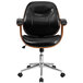 A black leather office chair with wooden arms and chrome legs.