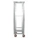 A Channel heavy-duty aluminum sheet pan rack with red wheels.