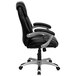 A black Flash Furniture office chair with padded arms and chrome legs.