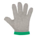 A close up of a San Jamar stainless steel mesh cut resistant glove with grey and green bands.