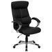 A black Flash Furniture high-back executive office chair with padded armrests and a chrome base.
