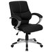 A Flash Furniture black leather office chair with chrome and black padded arms and wheels.