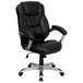 A black Flash Furniture high-back office chair with black leather upholstery and silver arms.