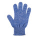 A blue knitted glove with white specks.