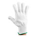 A white Victorinox cut resistant glove with green trim on it.