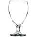 A close-up of a clear Libbey Teardrop wine goblet with a foot.