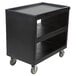 A black plastic Cambro service cart with three shelves and wheels.