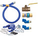A blue Dormont gas connector kit with a flexible hose, swivels, and a restraining cable.