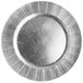 A close up of a silver Charge It by Jay plastic charger plate with a circular geometric pattern.