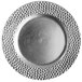 A close-up of a silver Charge It by Jay hammered plastic charger plate with a textured surface.