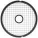 A black circle with a white wire mesh grid with holes in it.