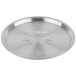 A Vollrath stainless steel lid with a handle on a white surface.