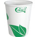 A white EcoChoice paper hot cup with green leaf print.