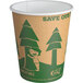 An EcoChoice paper hot cup with a tree print and the words "Save Our Trees" on it.