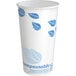 An EcoChoice white paper hot cup with blue leaf print.