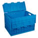 A blue plastic Eastern Tabletop Stack 'N Store bin with an open lid.