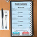 Menu paper with a retro themed car design featuring a red and blue car.