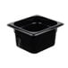 A black Cambro 1/6 size plastic food pan on a counter.