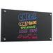 A black Aarco Pure Glass markerboard with colorful writing on it.