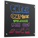 A black Pure Glass markerboard with purple writing that says "Check out these delicious dishes"