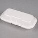 A white Genpak foam hinged lid hot dog container.