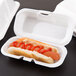 A hot dog with ketchup in a Genpak white foam hinged lid container.