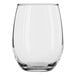 A close up of a clear Libbey stemless wine glass.