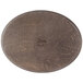 A wooden oval surface with a logo.