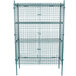 A Regency green metal wire security cage with shelves.