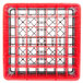 A gray plastic glass rack with a grid of squares and red extenders.