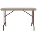 A Correll mocha granite rectangular folding table with brown legs.
