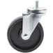 A black and silver swivel caster wheel with a metal screw on the end.