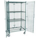 A Regency green wire security cage kit on wheels with shelves.