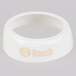 A white plastic Tablecraft dispenser collar with beige lettering that says "Fat Free Ranch"