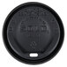 A black Solo Gourmet hot cup lid with text on it.