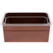 A brown plastic food pan in a copper rectangular ice display with a clear lid.