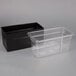 A black rectangular container with a clear plastic food pan inside.