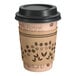 A Kraft paper coffee cup with a black lid and coffee design sleeve.