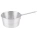 A silver aluminum saucepan with a handle.