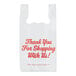 A white plastic Choice t-shirt bag with red "Thank You" text.